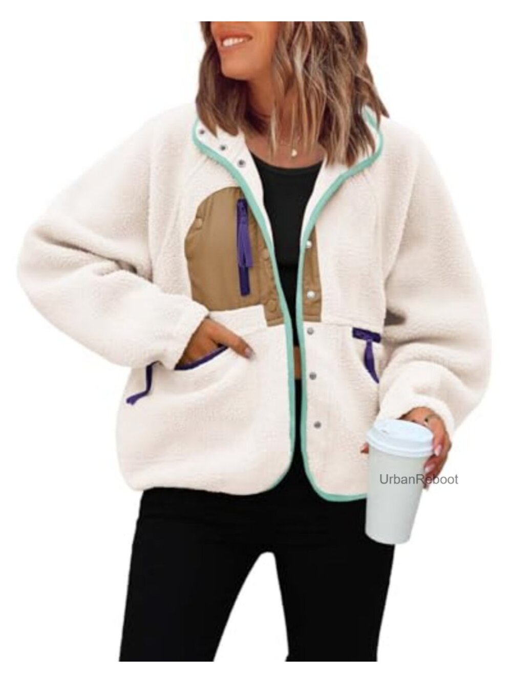 Fuzzy Fleece Cropped Button Down Jacket Loose Fit Winter